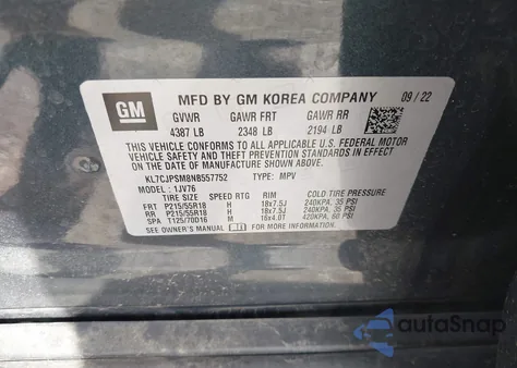 2022 Chevrolet Trax Awd Lt z USA, uszkodzony, nr VIN KL7CJPSM8NB557752